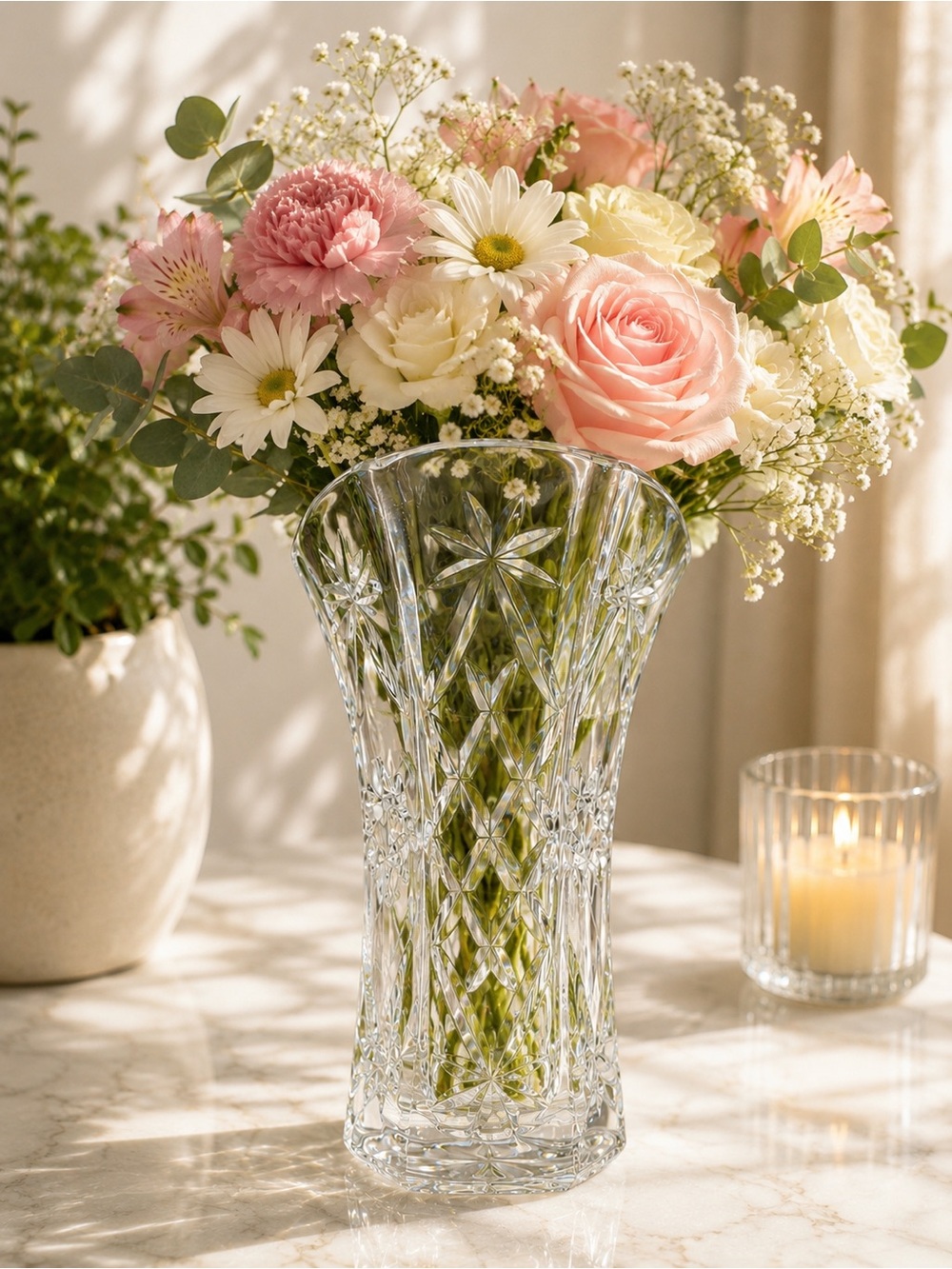 Vintage Starburst Pressed Glass Vase Clear Mid-Century Modern Floral Display